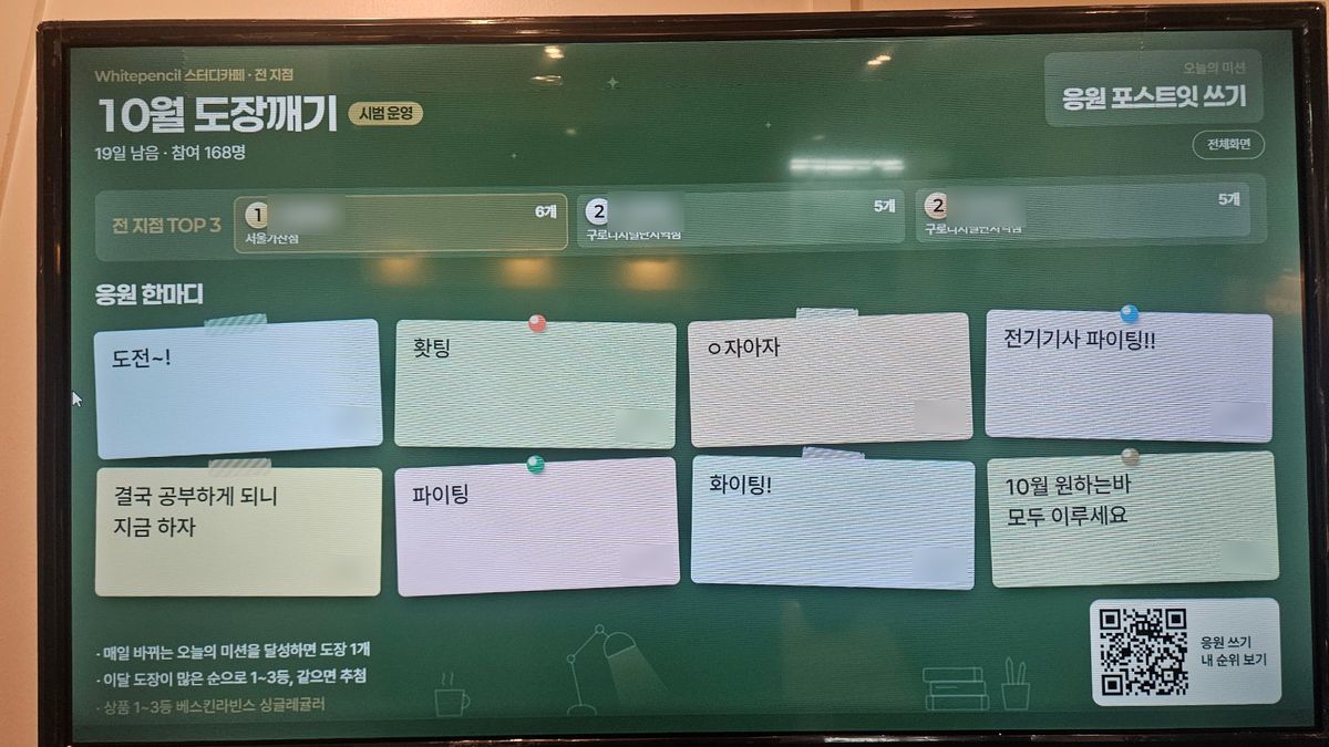 서울가산점 TV에 손님들이 남긴 응원 쪽지가 붙어 있고, 전 지점 1·2·3등이 위에 보입니다.